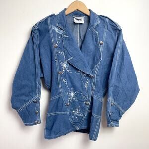 Vintage 80s Embroidered Denim Jacket Small Fitted Waist Glam Western Retro Indie